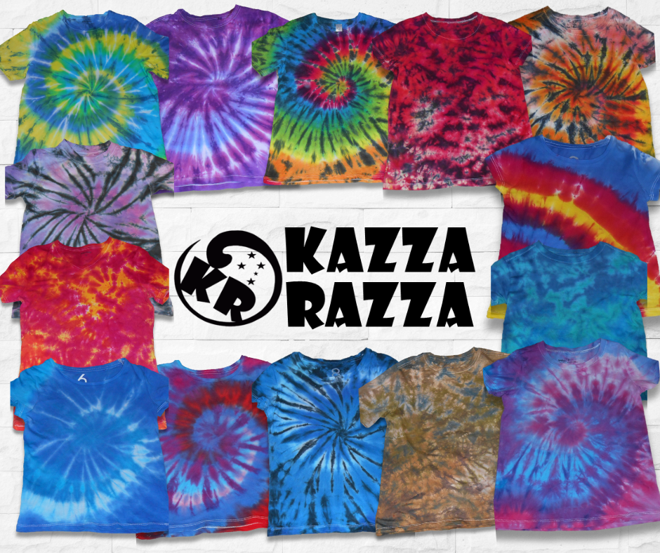 Kazza Razza Tie-dyed t-shirts on white brick wall