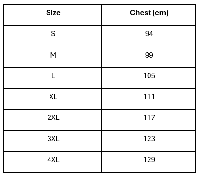 Kazza Razza Adults T-shirts Sizing Chart