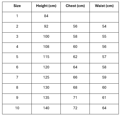 Kazza Razza Kids T-shirts Sizing Chart
